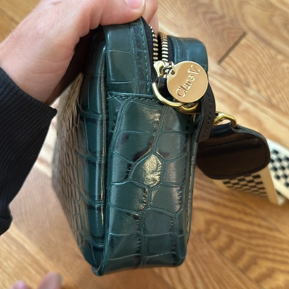 Clare V Loden Croc Midi Sac in Green + Checkered Strap - Picture 5 of 8